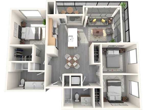 A 3D floor plan of a small apartment with a kitchen, living room, and bathroom.
