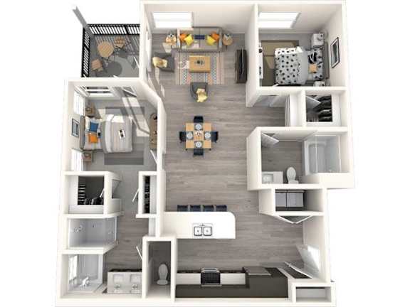 A 3D floor plan of a small apartment with a kitchen, living room, and bedroom.