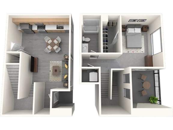 A 3D floor plan of a house showing two rooms.