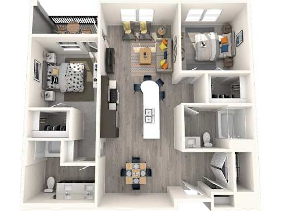 A 3D floor plan of a small apartment with a kitchen, living room, and bathroom.