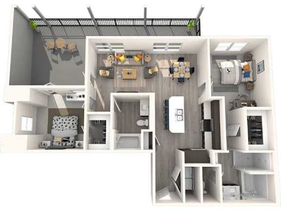 A 3D floor plan of a small apartment with a kitchen, living room, and bathroom.