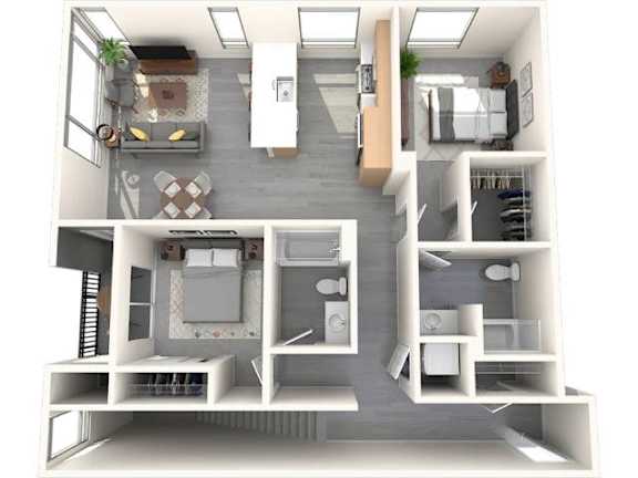 A top-down view of a small apartment with a kitchen, living room, and bedrooms.