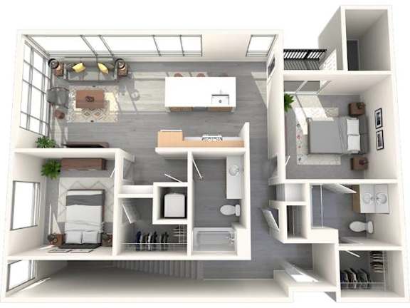 A 3D floor plan of a small apartment with a kitchen, living room, and bedroom.