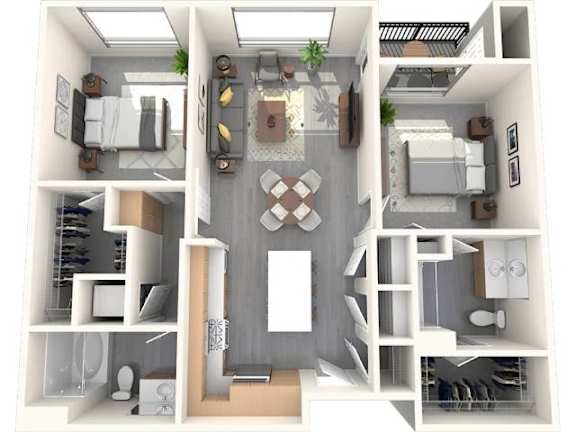 A 3D floor plan of a small apartment with a kitchen, living room, and bedrooms.