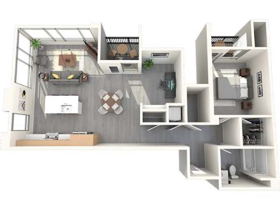 A 3D floor plan of a modern apartment with a kitchen, living room, and bathroom.