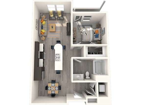 A 3D floor plan of a small apartment with a kitchen, living room, and bathroom.