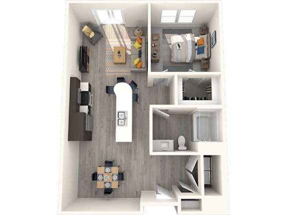 A 3D floor plan of a small apartment with a kitchen, living room, and bathroom.