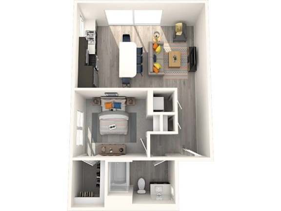 A top-down view of a small, modern apartment with a kitchen, living room, and bathroom.