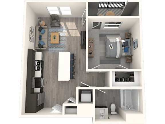 A 3D floor plan of a small apartment with a kitchen, living room, and bedroom.