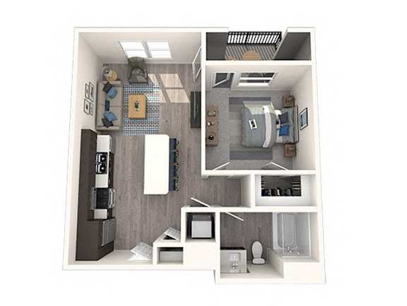 A 3D rendered image of a small apartment layout.