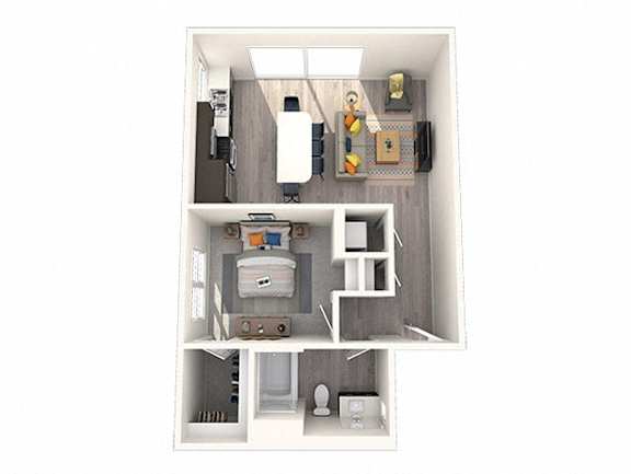 A white dollhouse with a kitchen and living room.