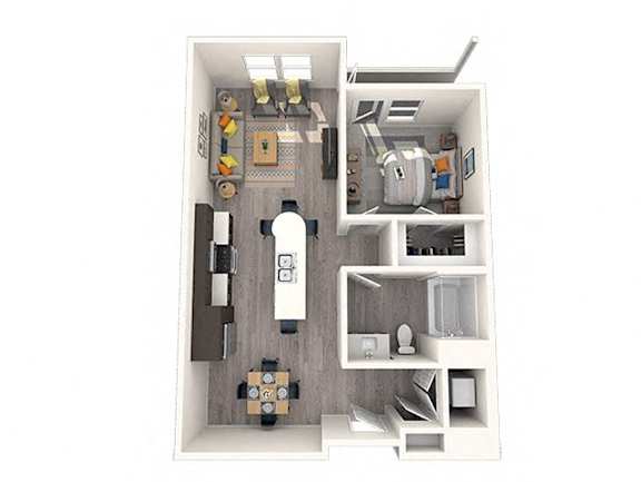 A 3D floor plan of a small apartment with a kitchen, living room, and bathroom.