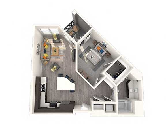 A 3D floor plan of a house with a kitchen, living room, and two bedrooms.