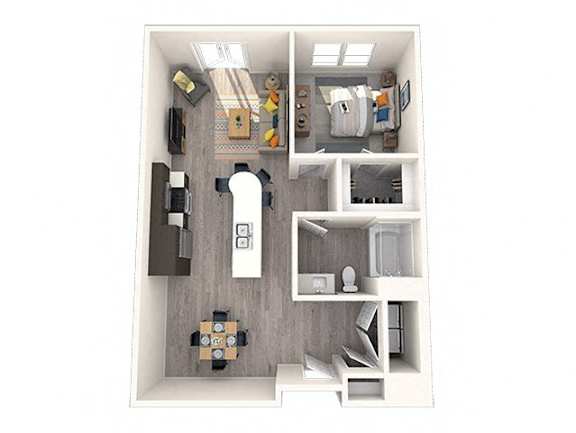 A top down view of a small apartment with a kitchen, living room, and bathroom.