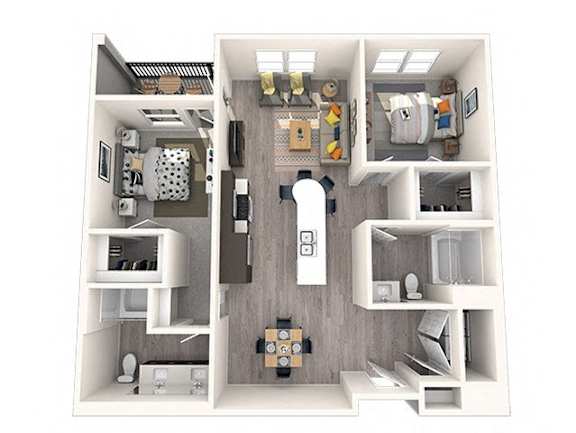A 3D floor plan of a house with a kitchen, living room, and two bedrooms.