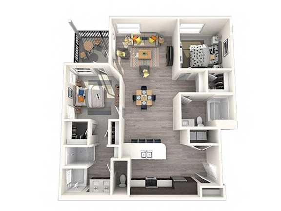 A 3D floor plan of a house with a kitchen, living room, and bedrooms.
