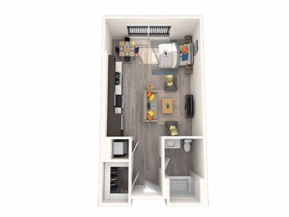 A small apartment with a bedroom, living room, and kitchen.