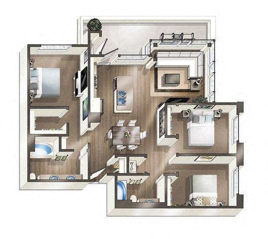A drawing of a house with a kitchen, living room, and bathroom.