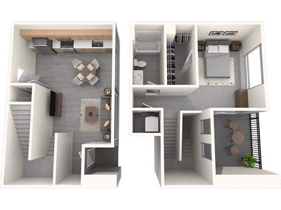 A 3D floor plan of a two-story apartment with a living room, kitchen, and bathroom on the first floor, and a bedroom with a bathroom on the second floor.