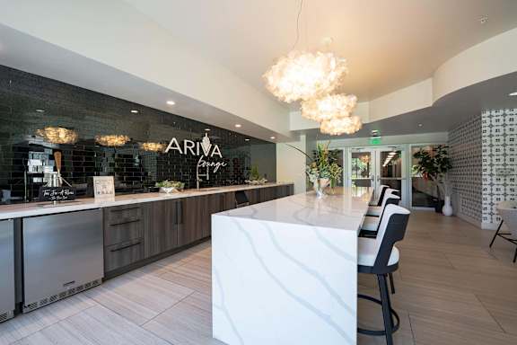 A white reception desk is in front of a glass wall with the word "ARIVA" on it.