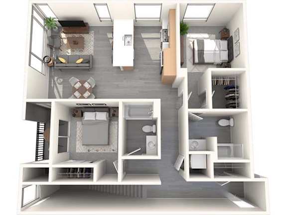 A top down view of a modern apartment with a kitchen, living room, and bedroom.