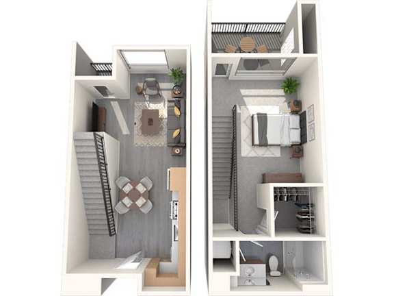 A top-down view of a small apartment with a kitchen, living room, and bathroom.