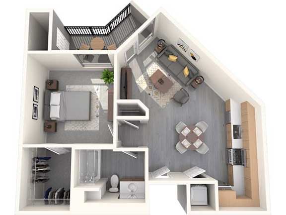 A 3D floor plan of a house showing a kitchen, living room, and bathroom.