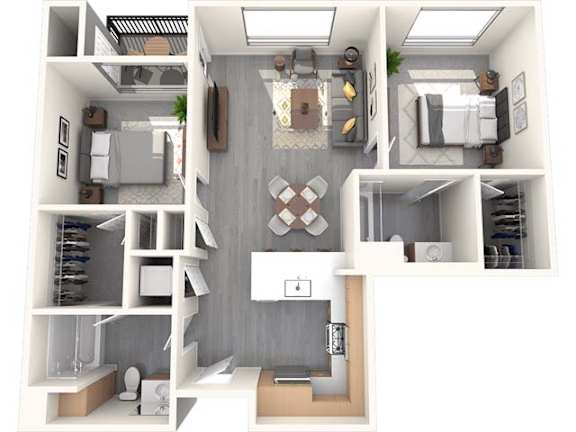 A top-down view of a modern, minimalist apartment with a kitchen, living room, and bedroom.