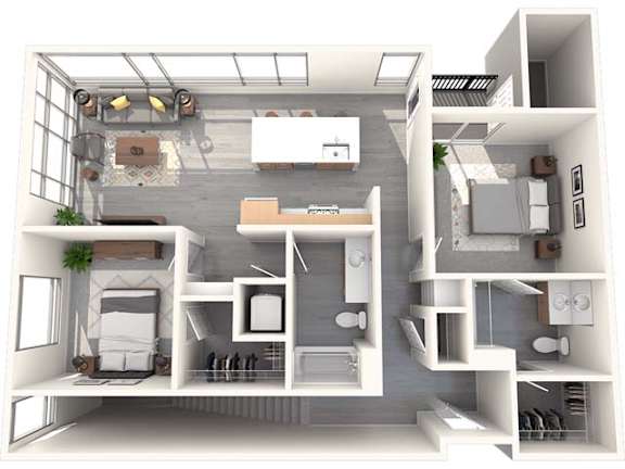 A 3D rendered image of a modern apartment layout.