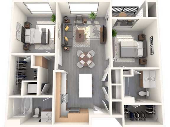 A top-down view of a modern apartment layout with a kitchen, living room, and bedrooms.