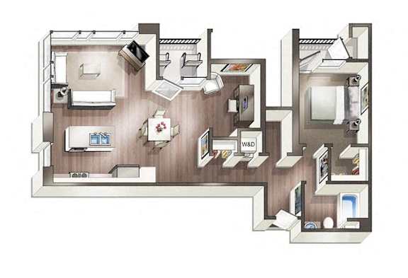A drawing of a house with a kitchen, living room, and bathroom.