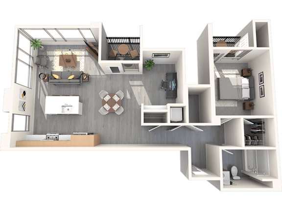 A 3D rendered image of a modern apartment layout.