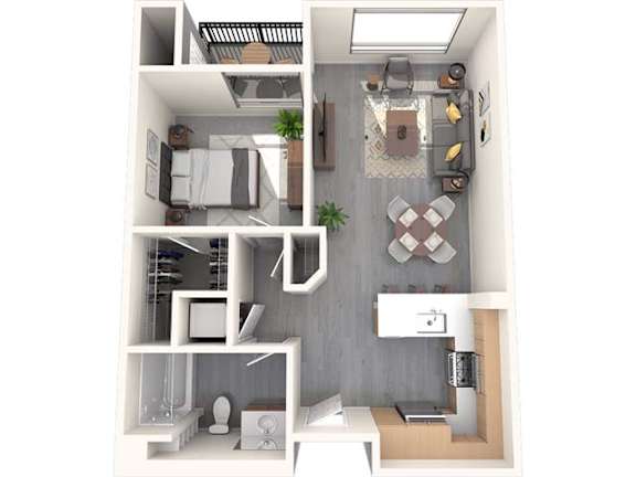 A top-down view of a small apartment with a kitchen, living room, and bathroom.