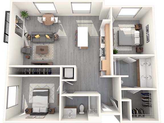 A 3D floor plan of a small apartment with a kitchen, living room, and bedroom.
