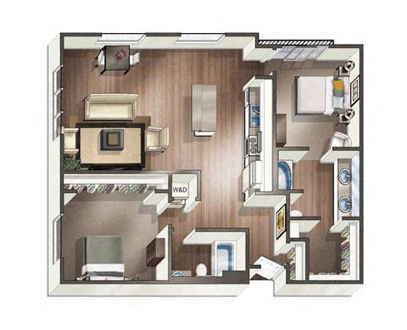 A drawing of a house with a kitchen, living room, and bathroom.