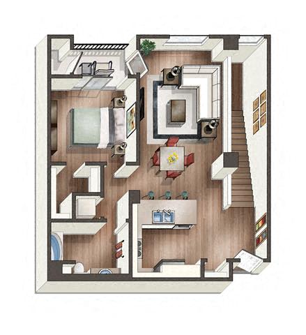 A drawing of a house with a kitchen, living room, and bathroom.