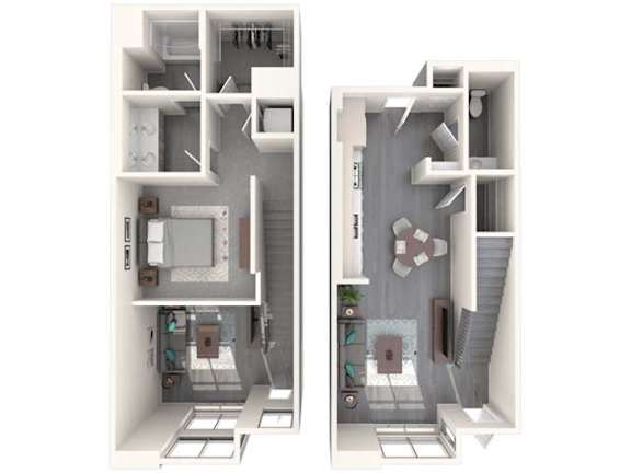 A 3D floor plan of a small apartment with a kitchen, living room, and bathroom.