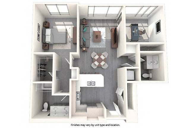 A cutaway drawing of a house interior with a kitchen, living room, and bathroom.