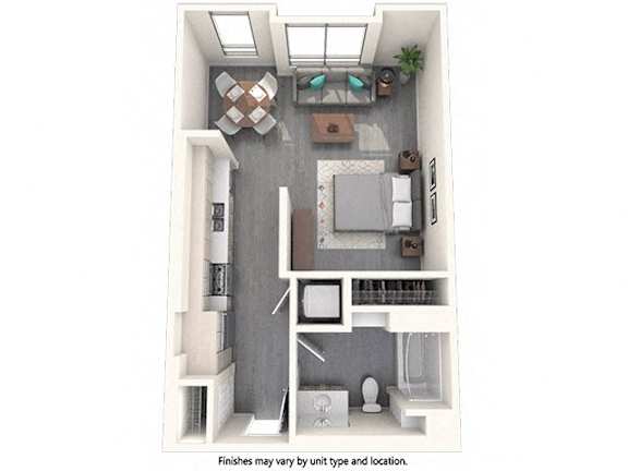 A top down view of a small apartment with a kitchen, living room, and bathroom.
