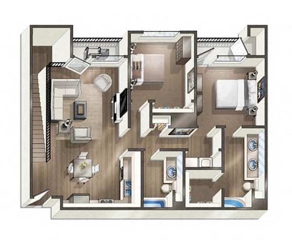 A floor plan of a house with a kitchen, living room, and bathroom.