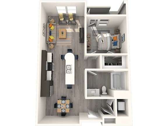 A 3D floor plan of a small apartment with a kitchen, living room, and bathroom.