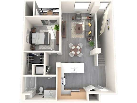 A 3D floor plan of a small apartment with a kitchen, living room, and bathroom.