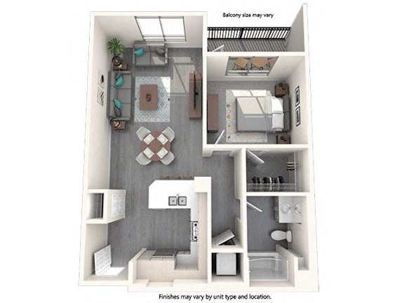 A 3D floor plan of a house with a kitchen, living room, and bathroom.