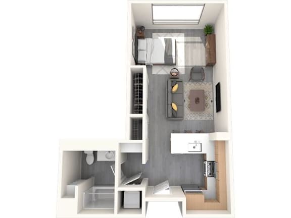 A top-down view of a small apartment with a kitchen, living room, and bathroom.