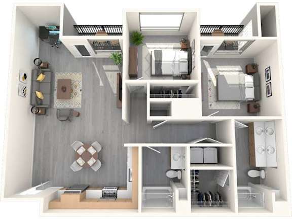 A 3D floor plan of a small apartment with a kitchen, living room, and bedroom.
