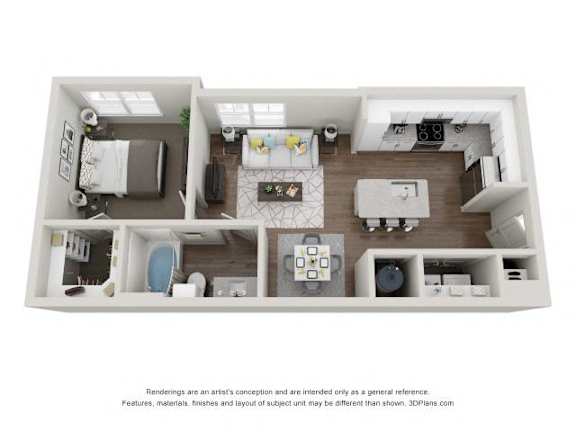 Floor Plan  A 3D floor plan of a house with a kitchen, living room, and bathroom.