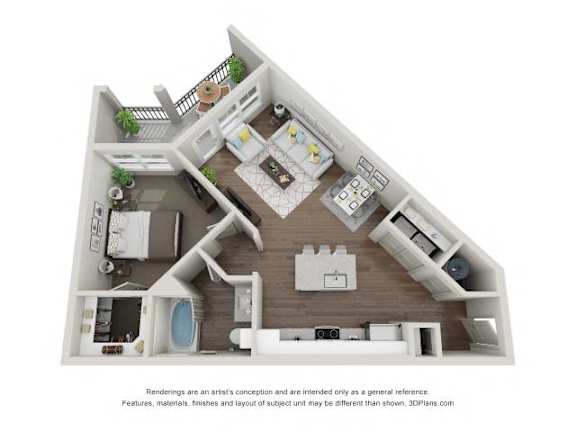 Floor Plan  A 3D floor plan of a house with a kitchen, living room, and bathroom.