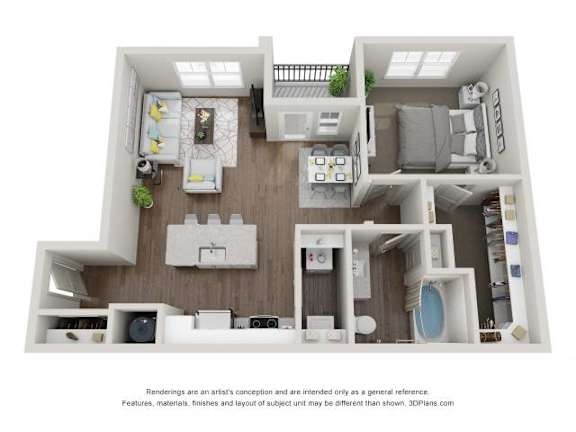 Floor Plan  A 3D floor plan of a small apartment with a kitchen, living room, and bathroom.