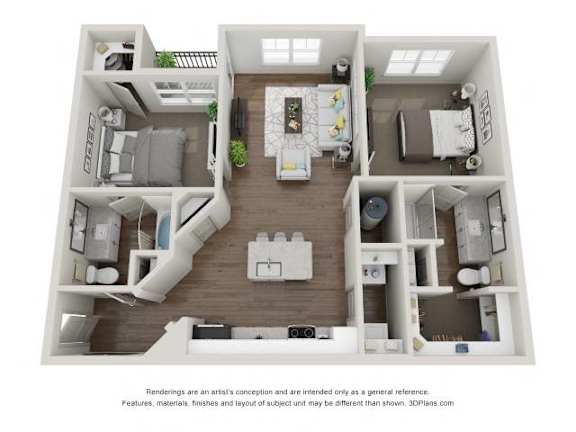 Floor Plan  A 3D floor plan of a house with multiple rooms and furniture.