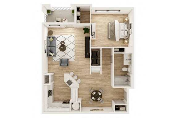 Floor Plan  A top-down view of a small apartment with a kitchen, living room, and bathroom.